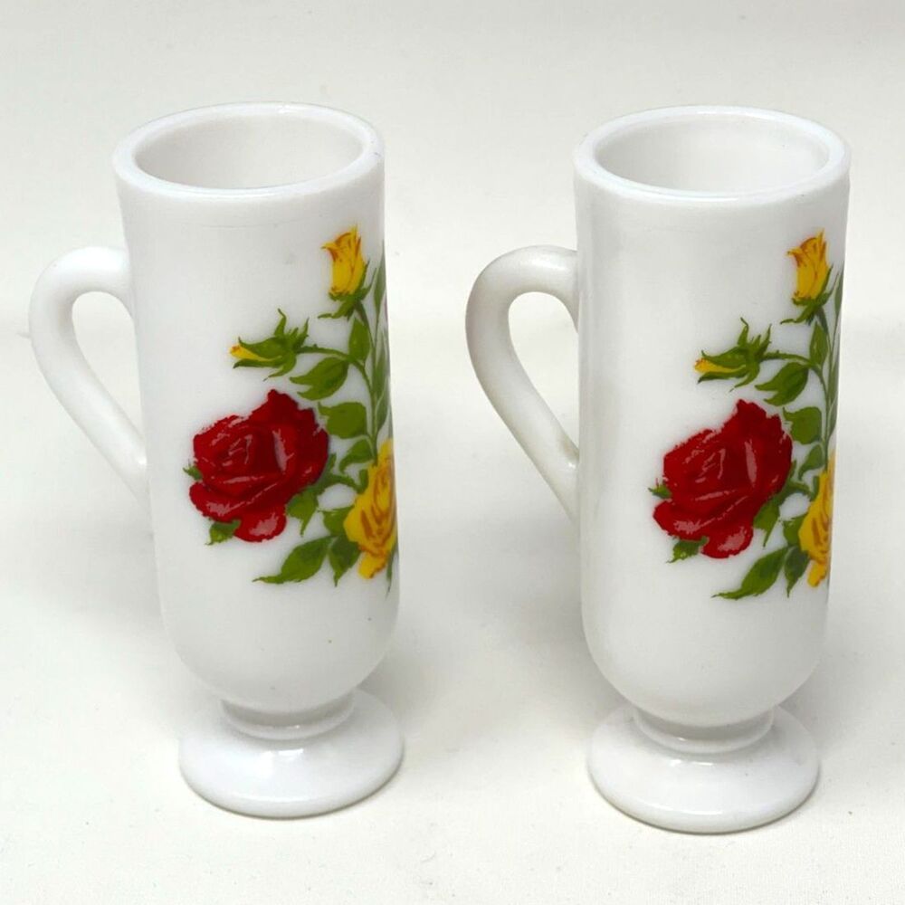 Vintage AVON Red & Yellow Roses White Milk Glass Handled Pedestal Bud Vase SET 2